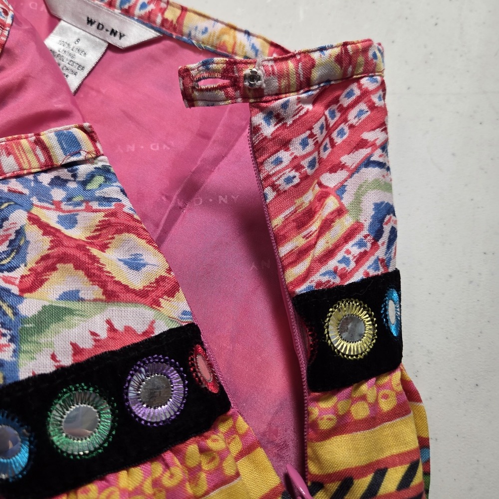 VTG Banjara Skirt WD.NY India Patchwork Ribbon Trim Linen Full Tiered SZ 8 Midi - Picture 9 of 11